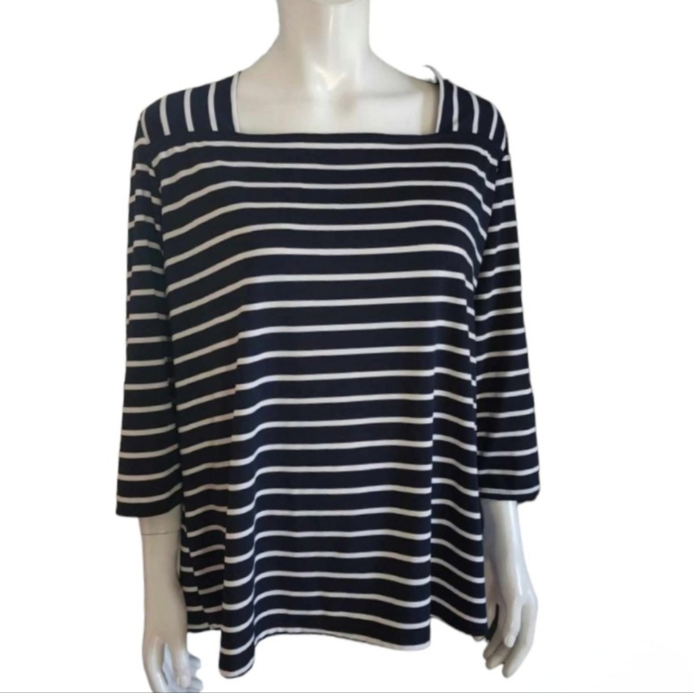 MANDY EVANS Blue navy/White Striped Stretch Top,square collar,2X